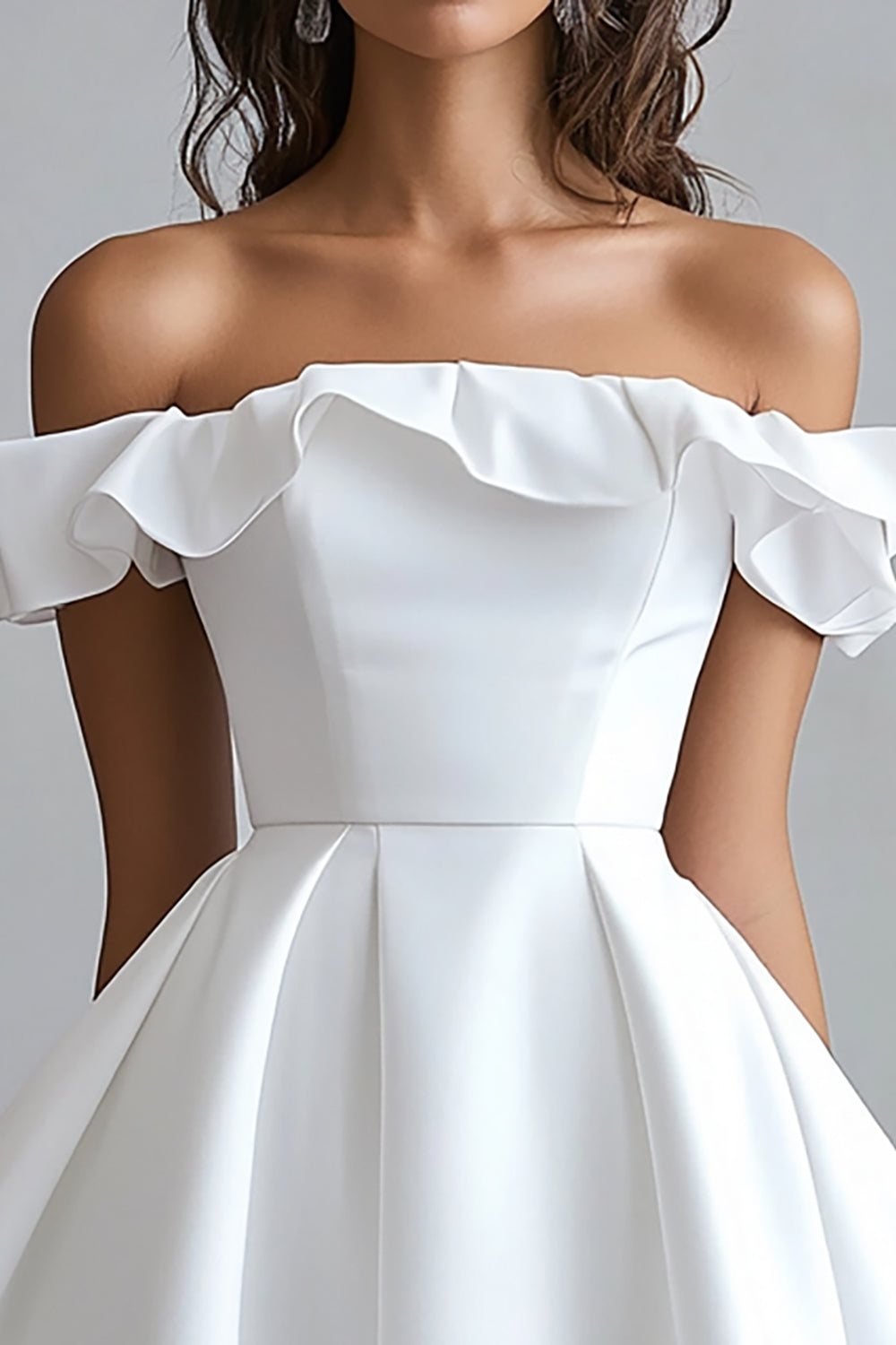 A Line Satin Off the Shoulder White Short Graduation Dress with Ruffles
