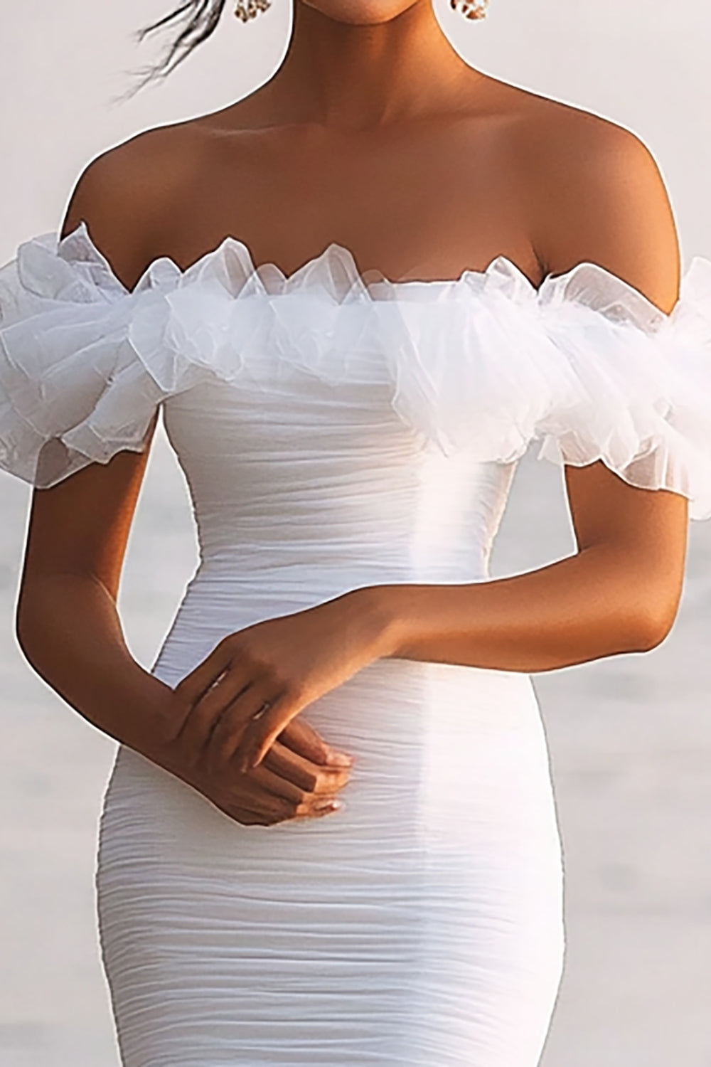 White Sheath Off the Shoulder Ruched Graduation Dress with Ruffles