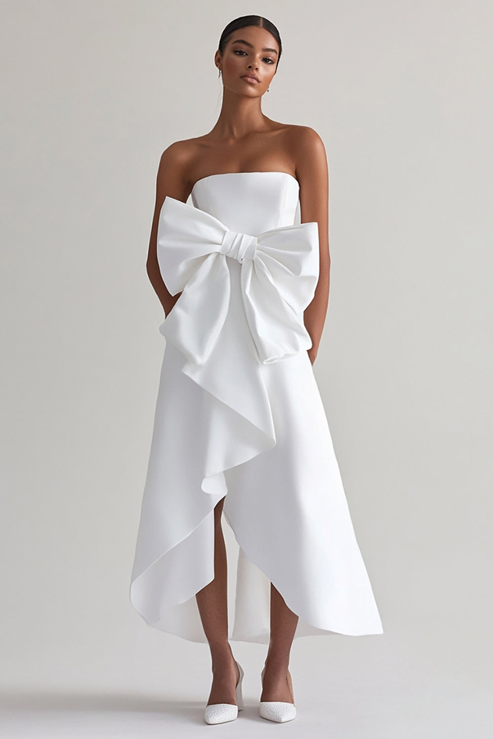 A Line Satin White Strapless High Low Graduation Dress with Bow