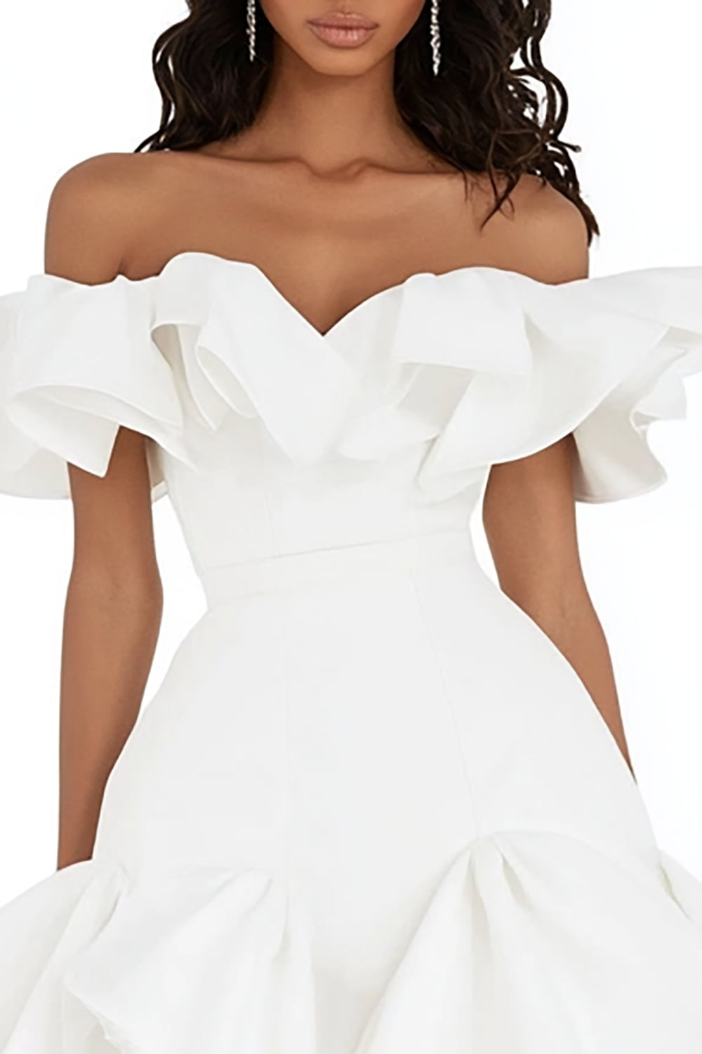 Cute White Satin Off the Shoulder Short Graduation Dress with Ruffles
