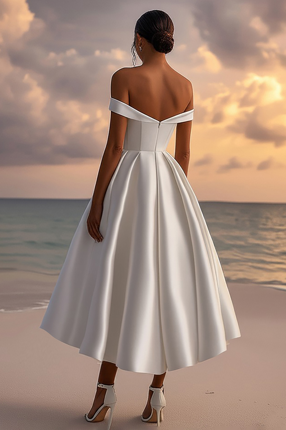 White A Line Satin Off the Shoulder Sweetheart Tea Length Graduation Dress