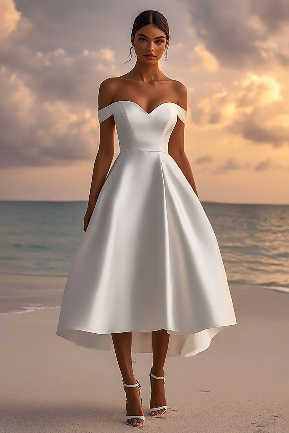 White A Line Satin Off the Shoulder Sweetheart Tea Length Graduation Dress