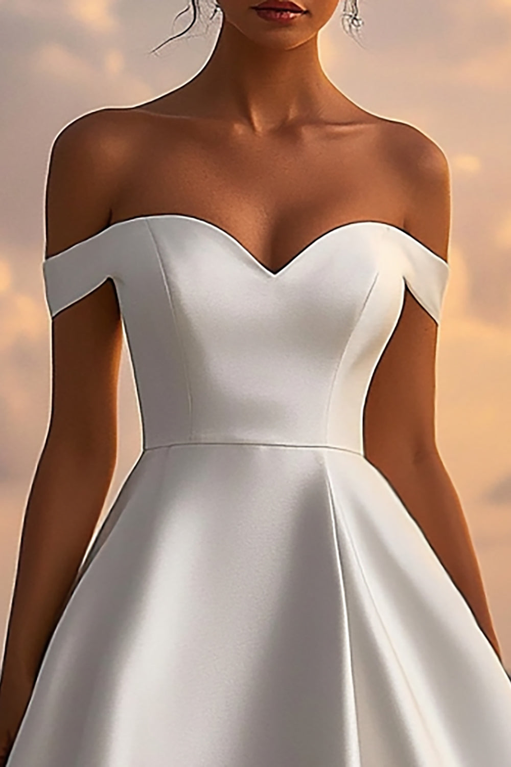 White A Line Satin Off the Shoulder Sweetheart Tea Length Graduation Dress