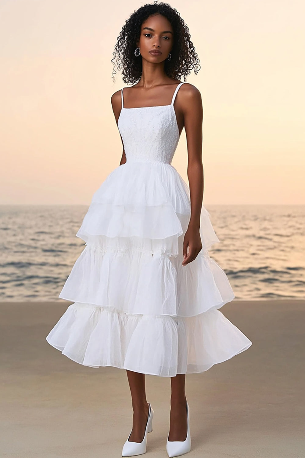 White A Line Tiered Square Neck Tea Length Tulle Graduation Dress