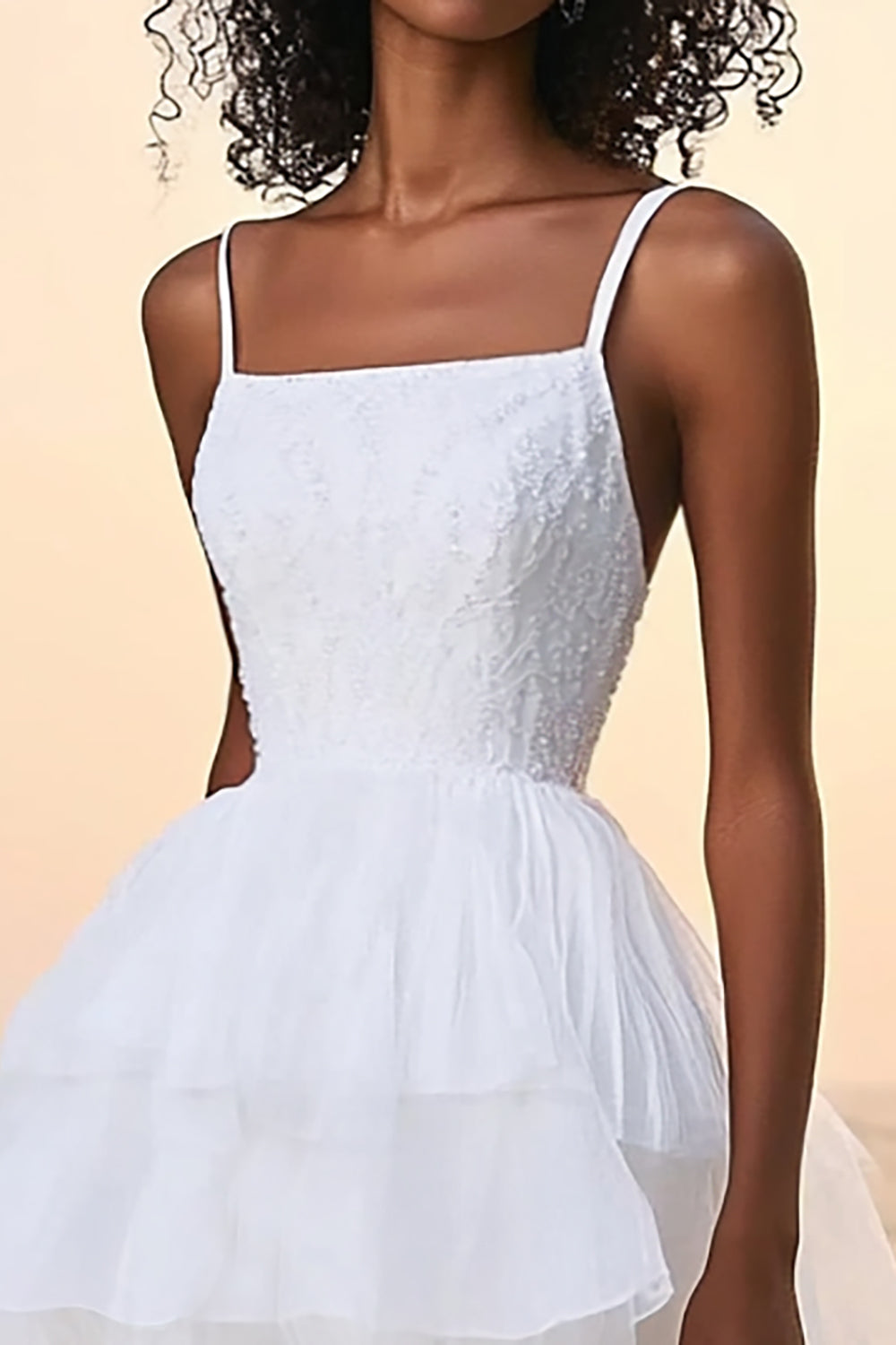 White A Line Tiered Square Neck Tea Length Tulle Graduation Dress