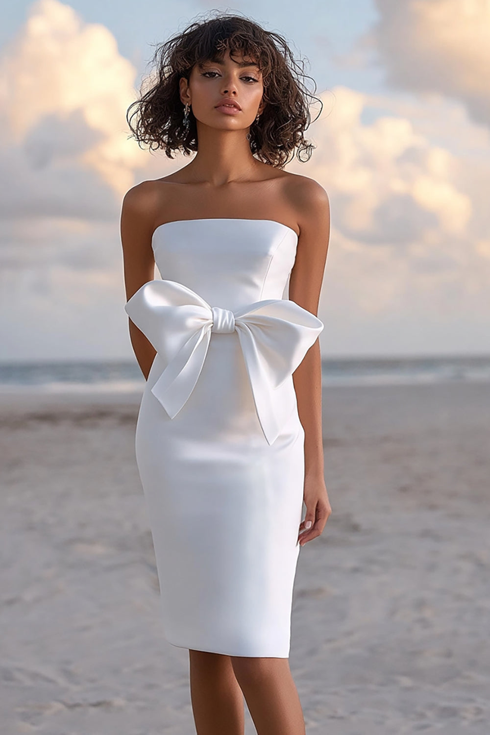 White Bodycon Satin Strapless Knee Length Graduation Dress with Bow