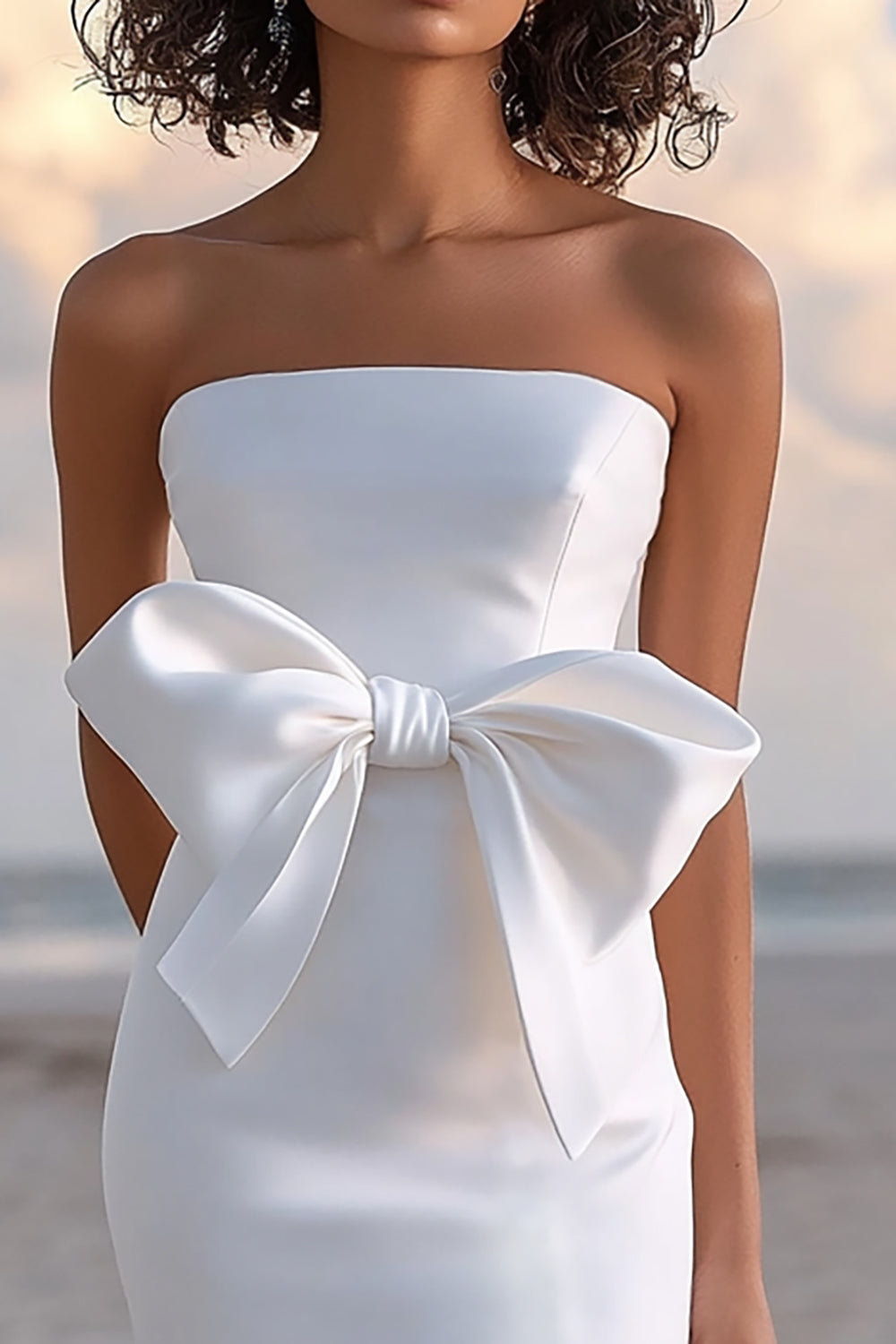 White Bodycon Satin Strapless Knee Length Graduation Dress with Bow