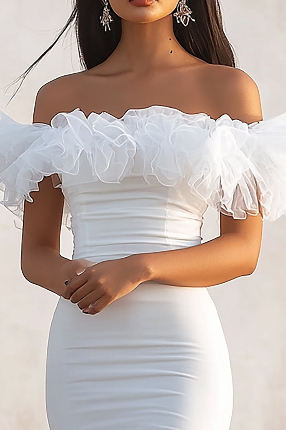 White Bodycon Satin Off the Shoulder Midi Graduation Dress with Ruffles