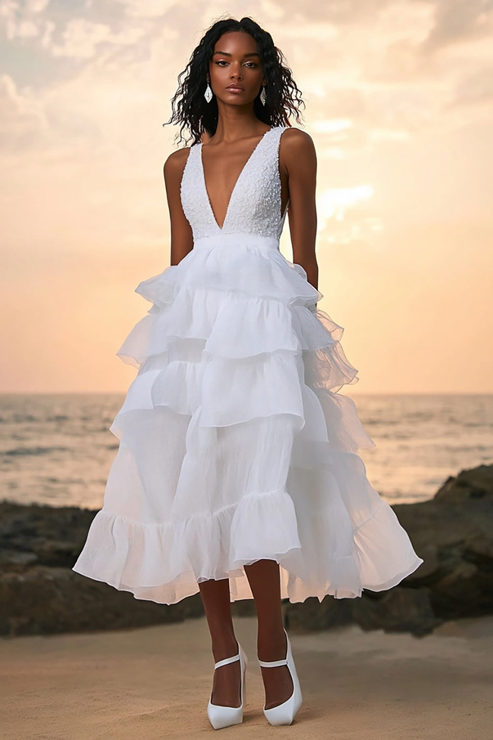 Cute White A Line Tulle Tiered V-Neck Long Graduation Dress
