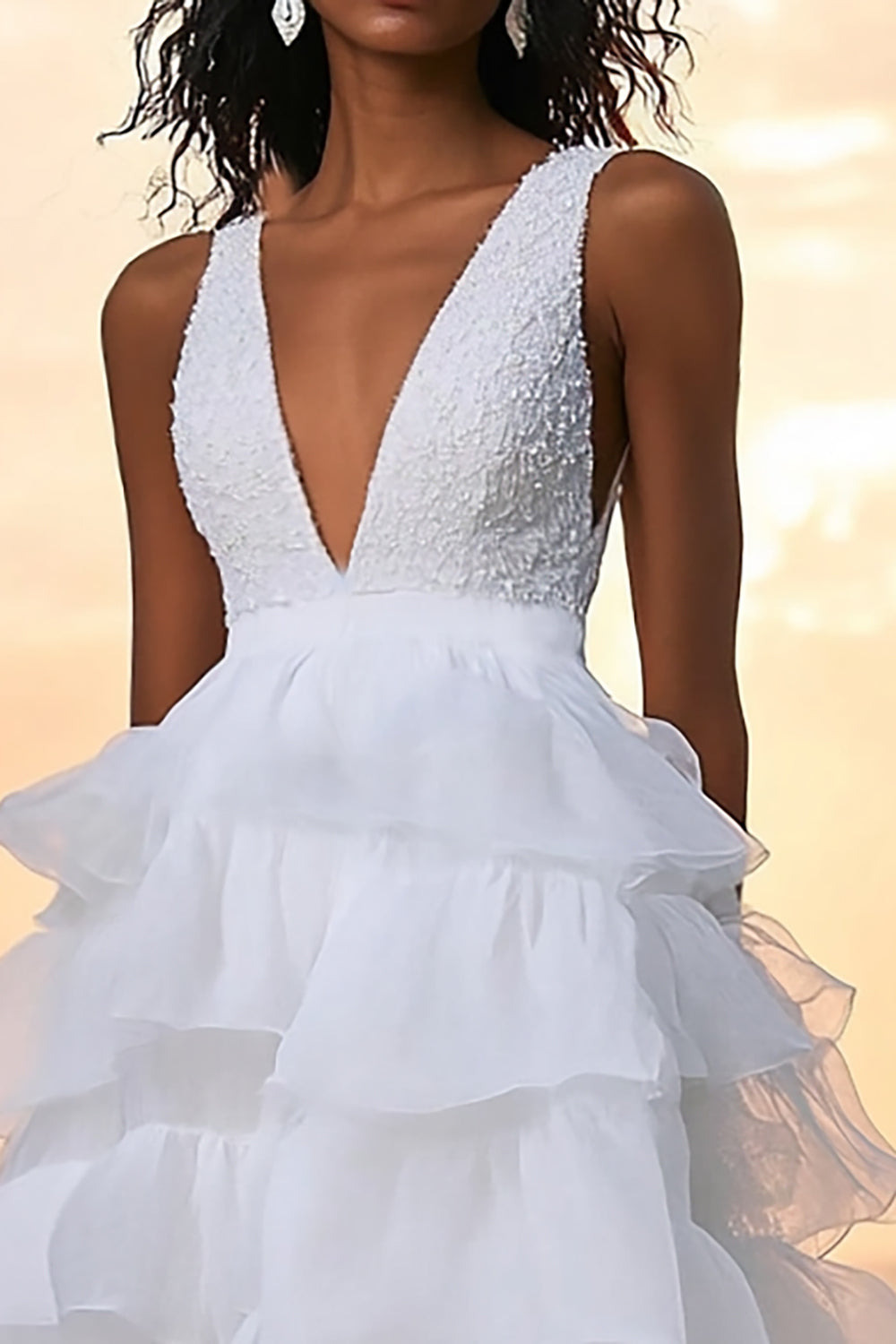Cute White A Line Tulle Tiered V-Neck Long Graduation Dress