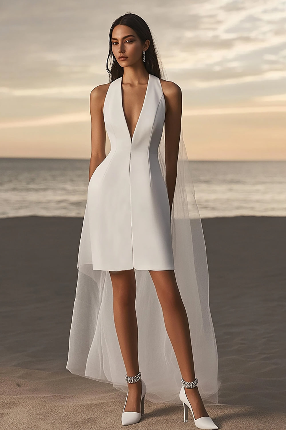 White Bodycon Satin V-Neck Short Graduation Dress with Detachable Tulle