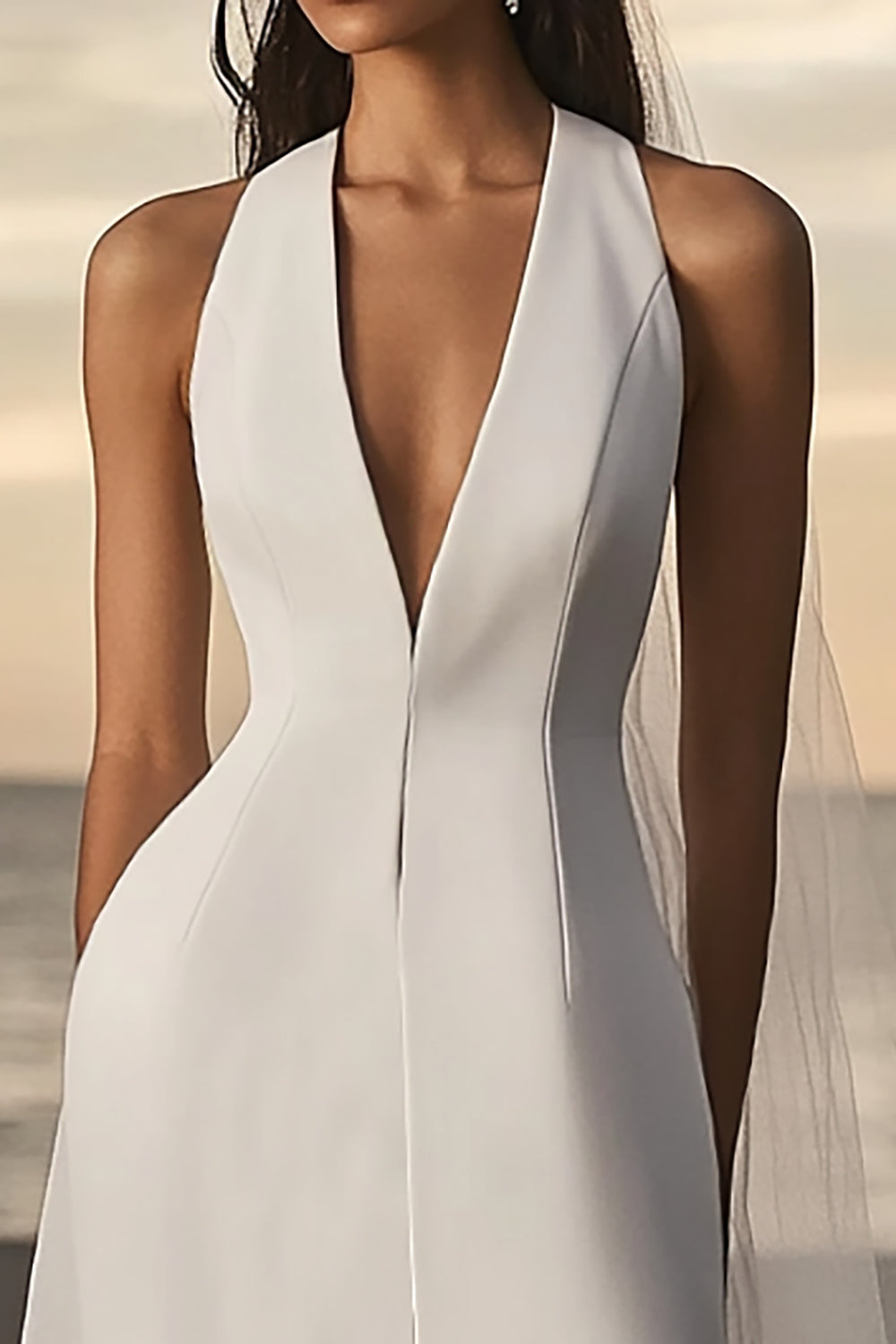 White Bodycon Satin V-Neck Short Graduation Dress with Detachable Tulle
