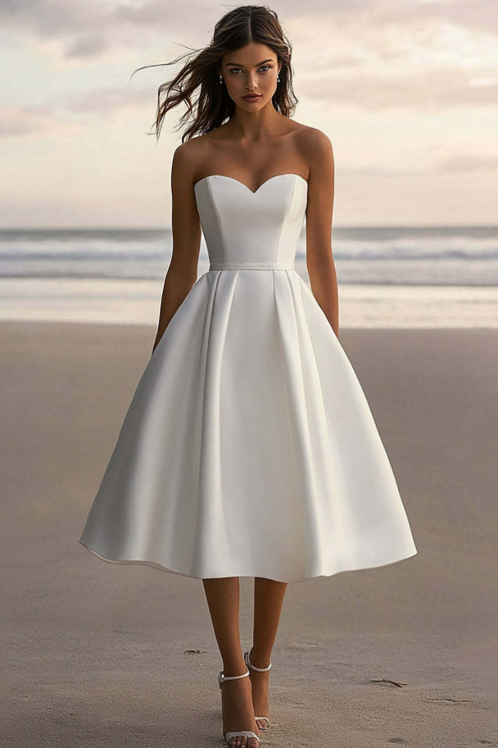 Leely Women White A Line Satin Tea Length Graduation Dress Sweetheart Strapless Engagement Dress