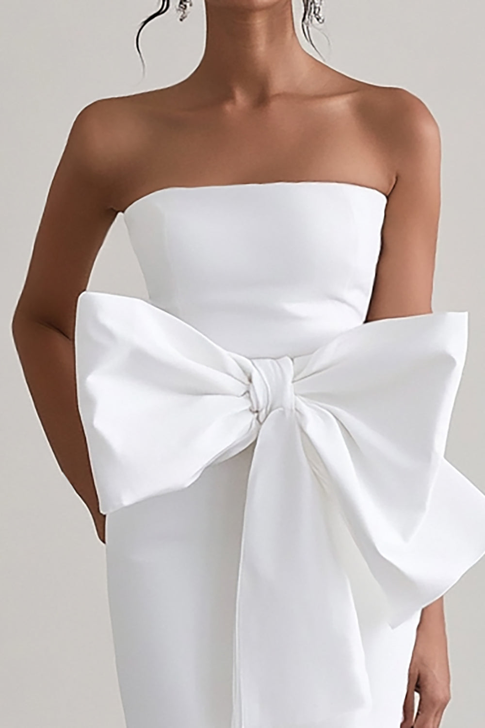 White Mermaid Strapless Satin Long Graduation Dress with Bowknot
