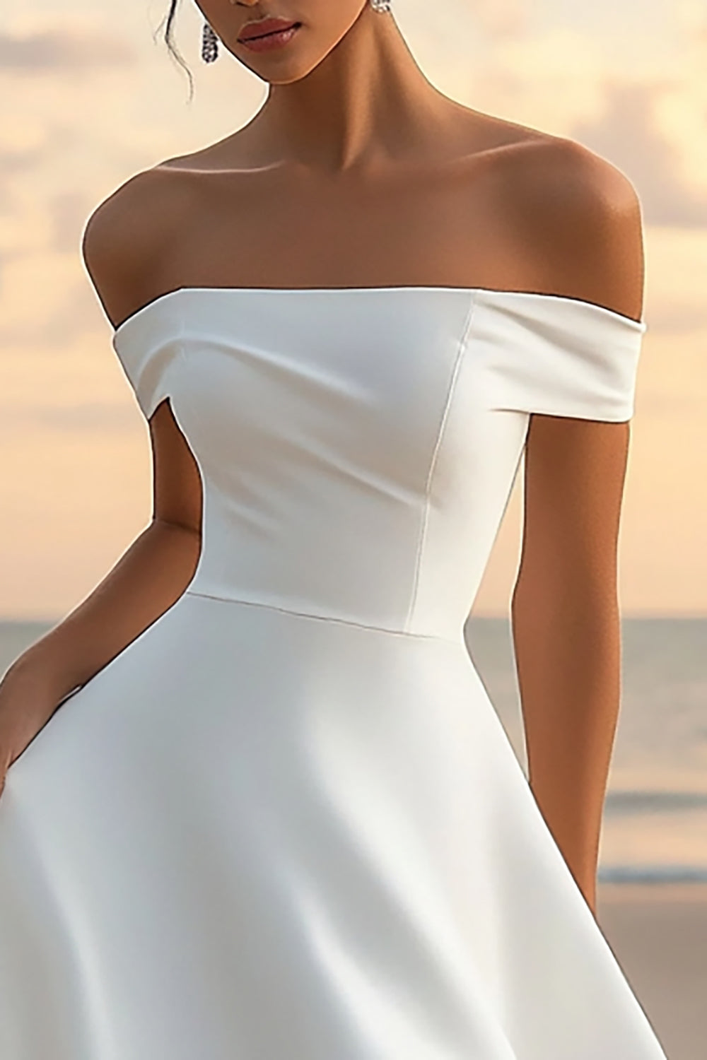 White A Line Satin Off the Shoulder Short Flowy Graduation Dress