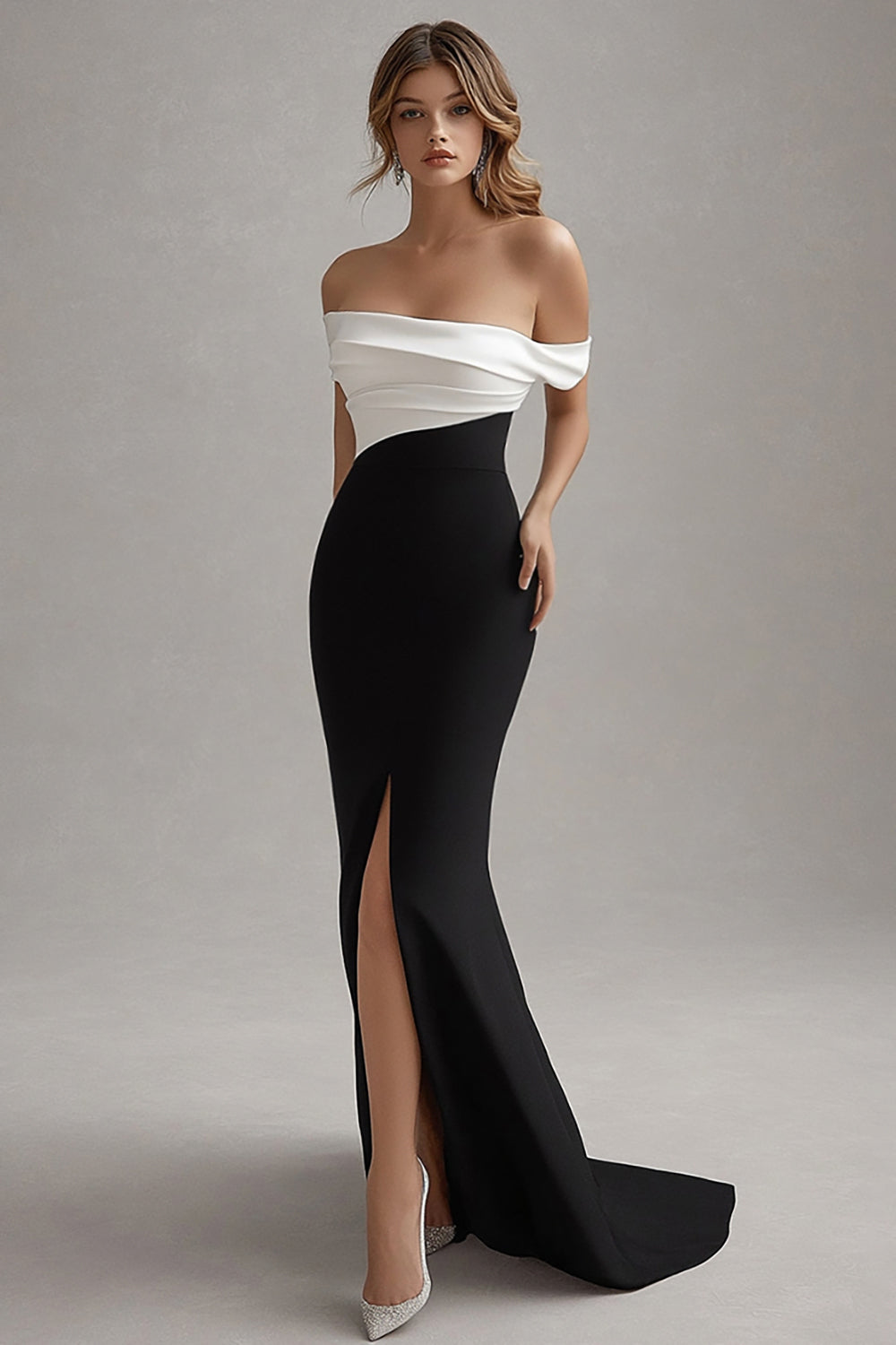 Stylish Black White Long Off the Shoulder Sheath Black Tie Dress with Slit