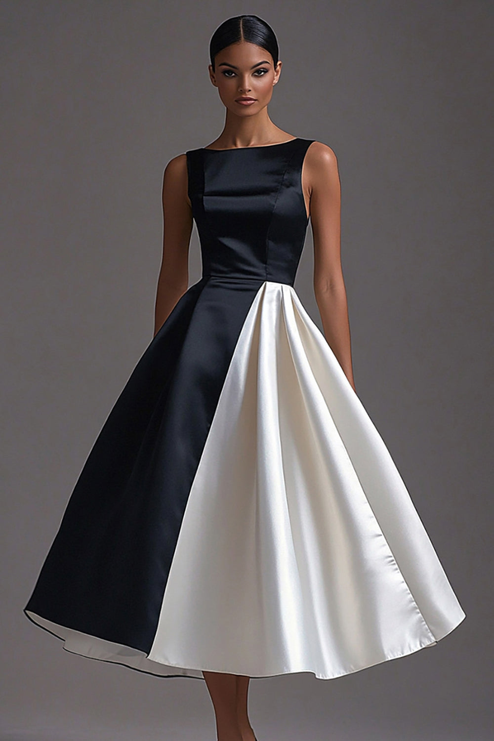 Black White Sleeveless Boat Neck A Line Long Black Tie Dress