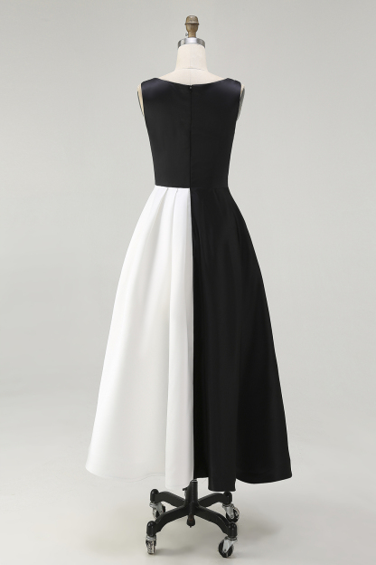 Black White Sleeveless Boat Neck A Line Long Black Tie Dress