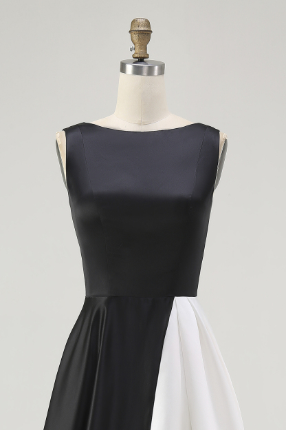 Black White A Line Sleeveless Boat Neck Maxi Black Tie Dress