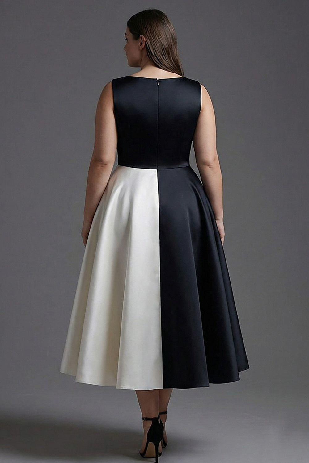 Black White Sleeveless Plus Size Boat Neck A Line Long Black Tie Dress