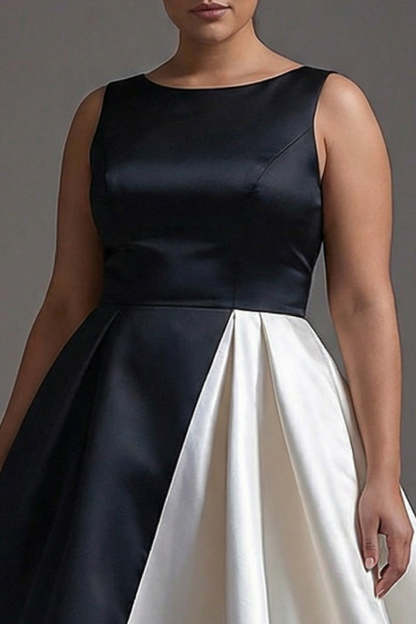 Black White Sleeveless Plus Size Boat Neck A Line Long Black Tie Dress