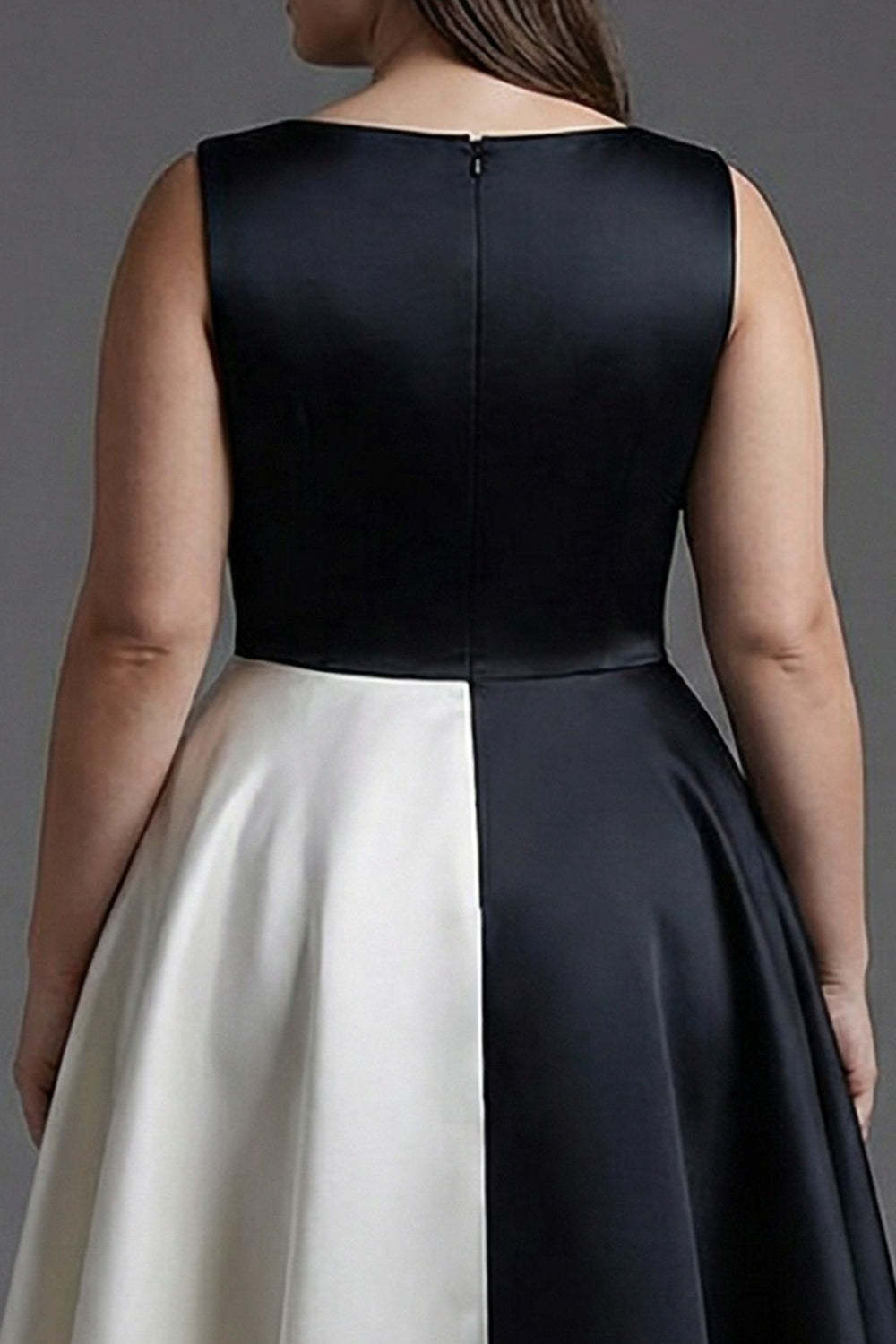 Black White Sleeveless Plus Size Boat Neck A Line Long Black Tie Dress