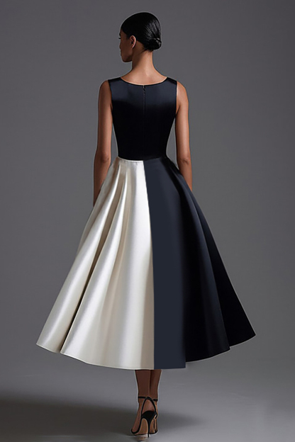 Black White Sleeveless Boat Neck A Line Long Black Tie Dress