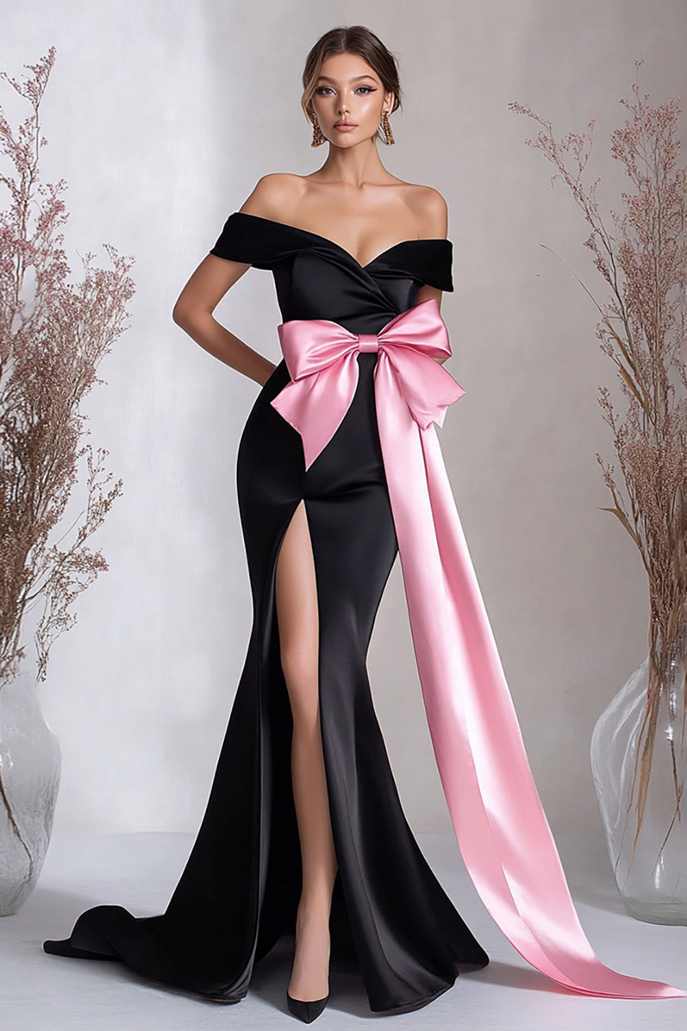 Black Pink Sheath Long Bowknot Black Tie Dress with Slit