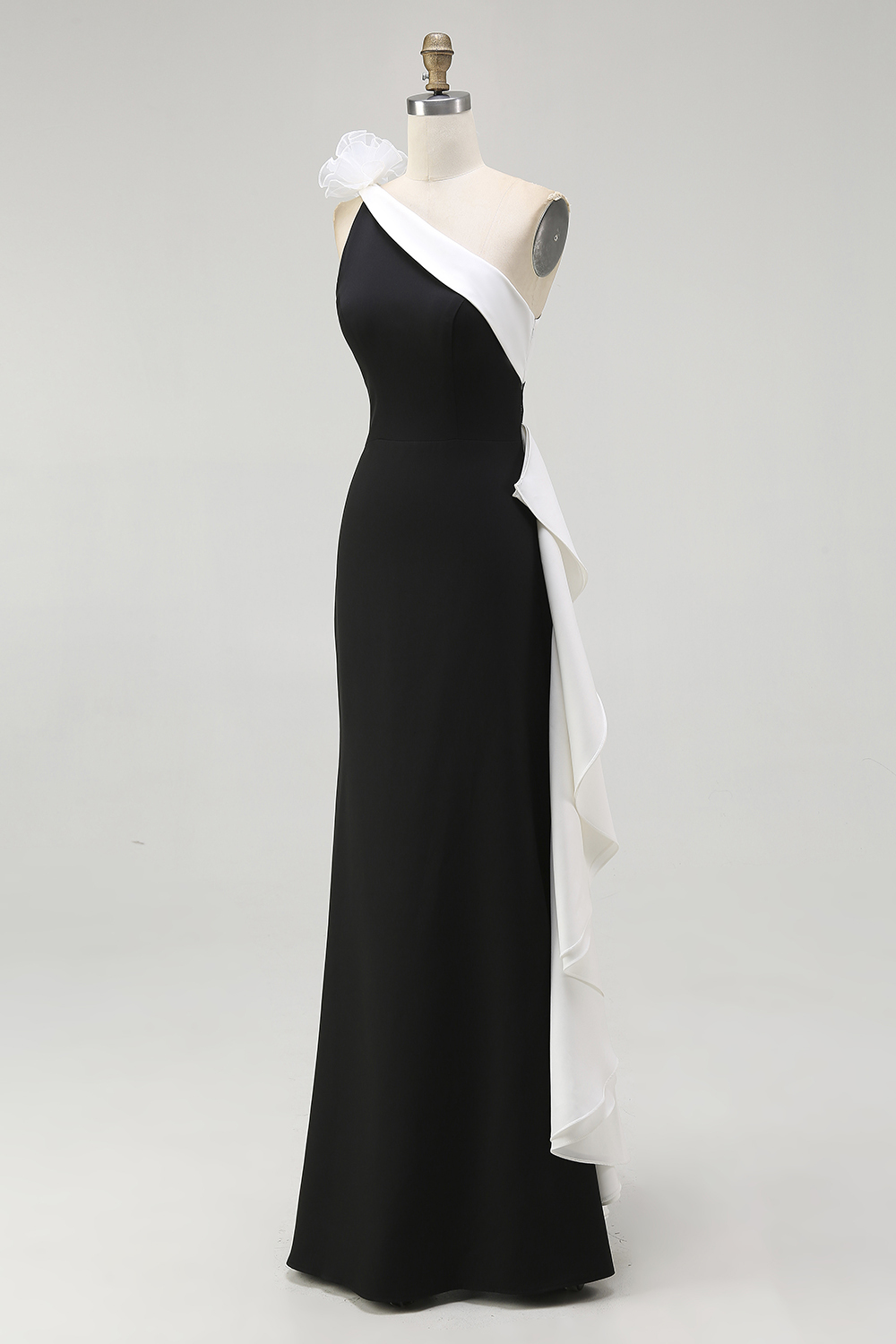 Black and White Mermaid One Shoulder Maxi Black Tie Dress with Ruffles