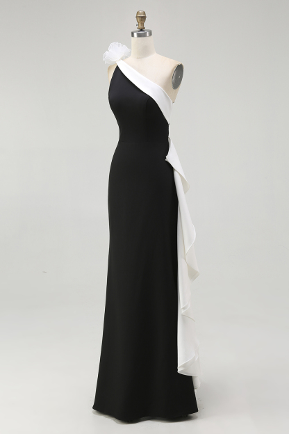 Black and White Mermaid One Shoulder Maxi Black Tie Dress with Ruffles