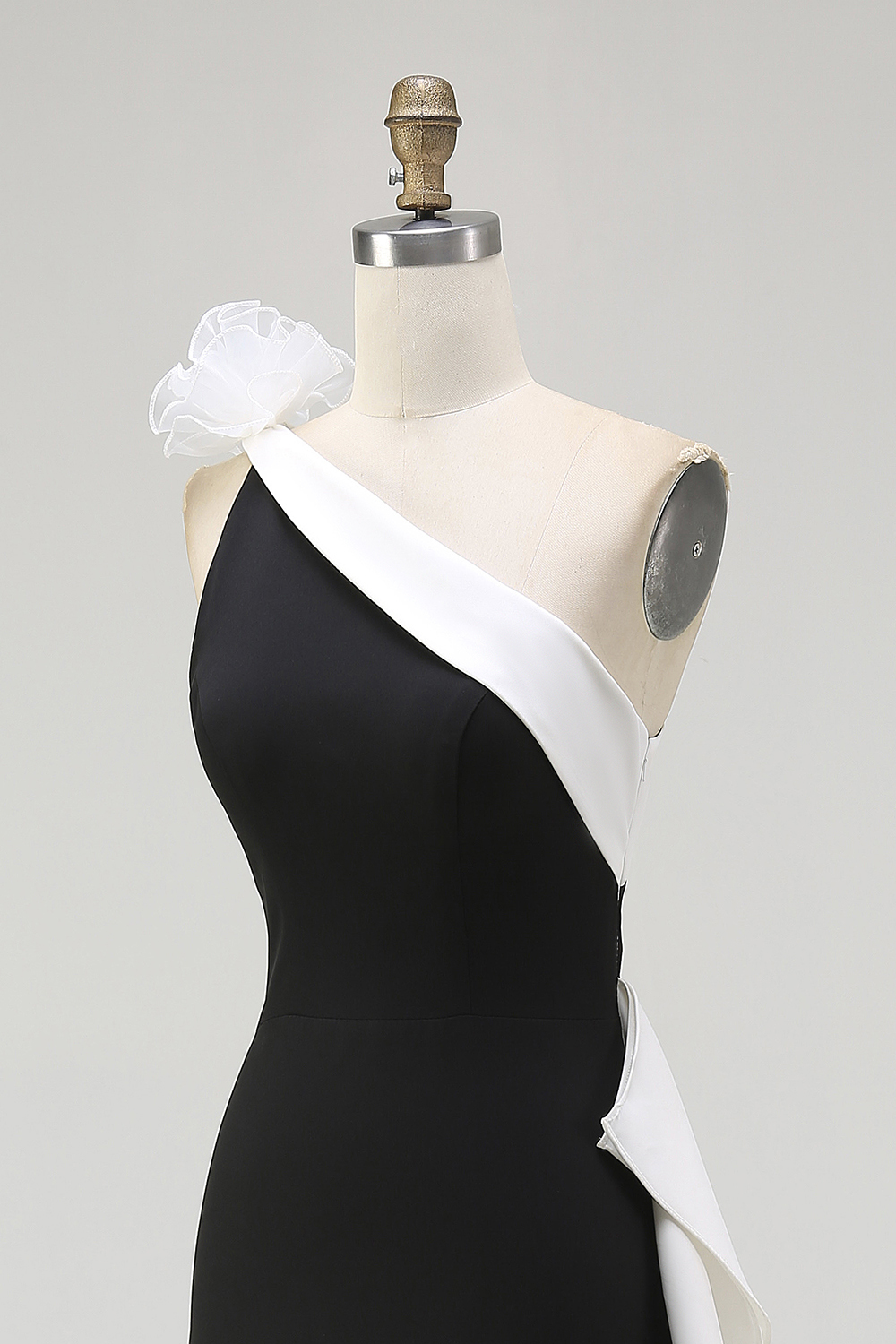 Black and White Mermaid One Shoulder Maxi Black Tie Dress with Ruffles