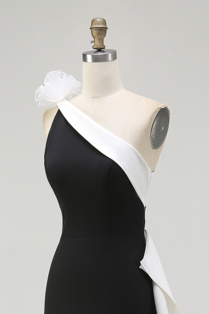 Black and White Mermaid One Shoulder Maxi Black Tie Dress with Ruffles