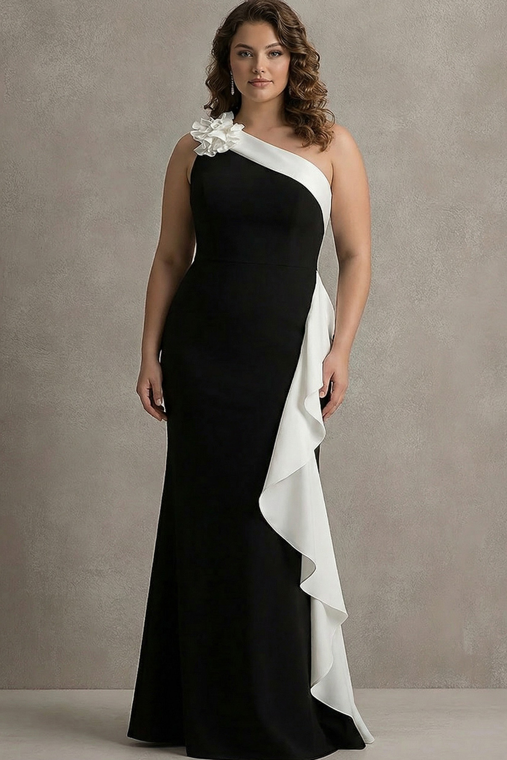 Black and White Mermaid One Shoulder Maxi Black Tie Dress with Ruffles