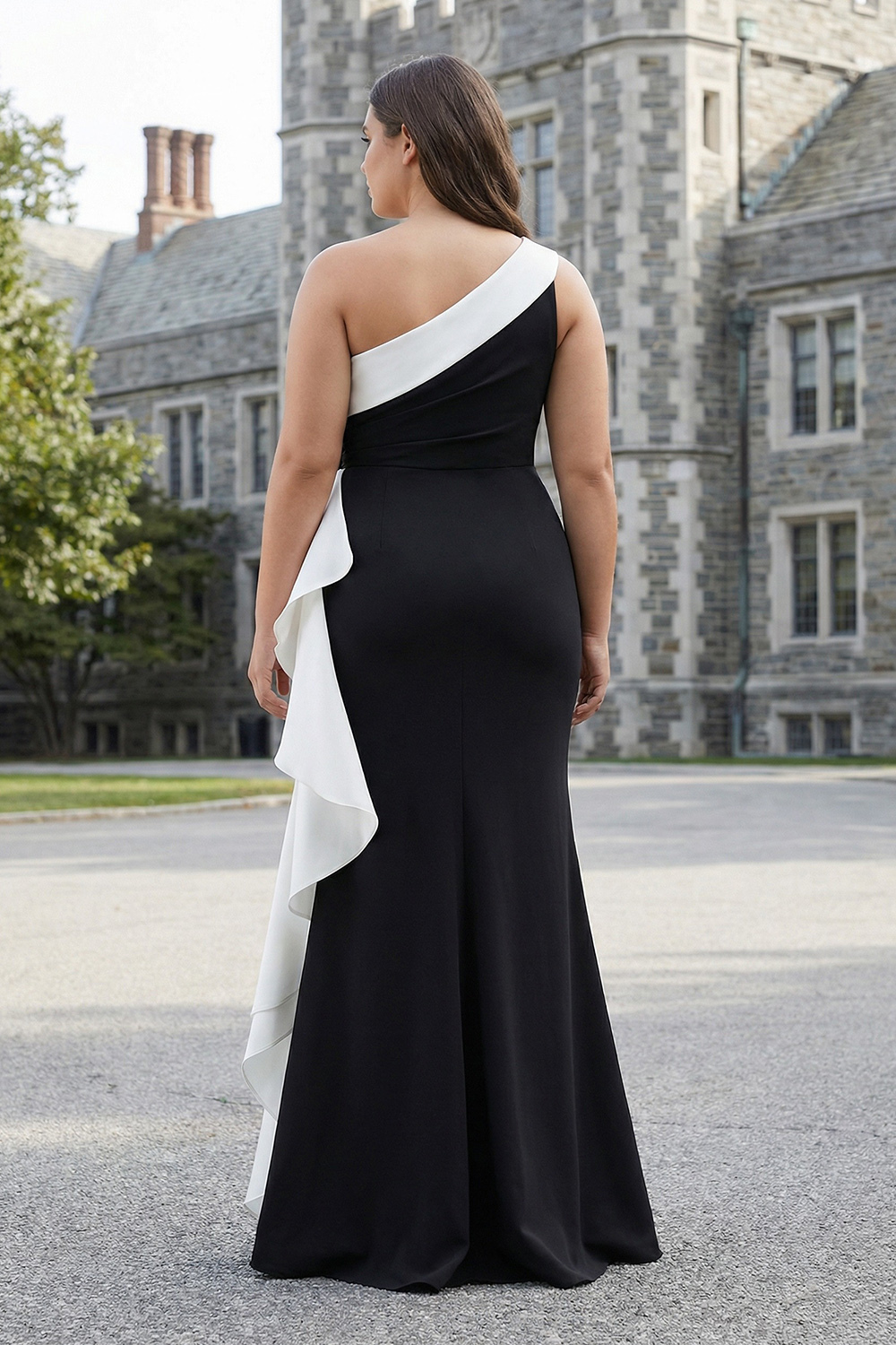 Black and White Mermaid One Shoulder Maxi Black Tie Dress with Ruffles