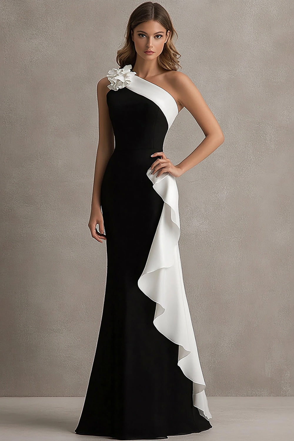 One Shoulder Sheath Long Black Tie Dress with Ruffles