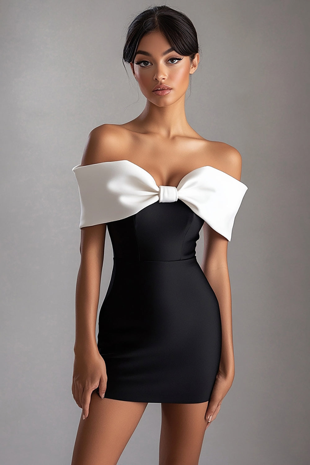 Bodycon Short Black White Off the Shoulder Black Tie Dress with Bow