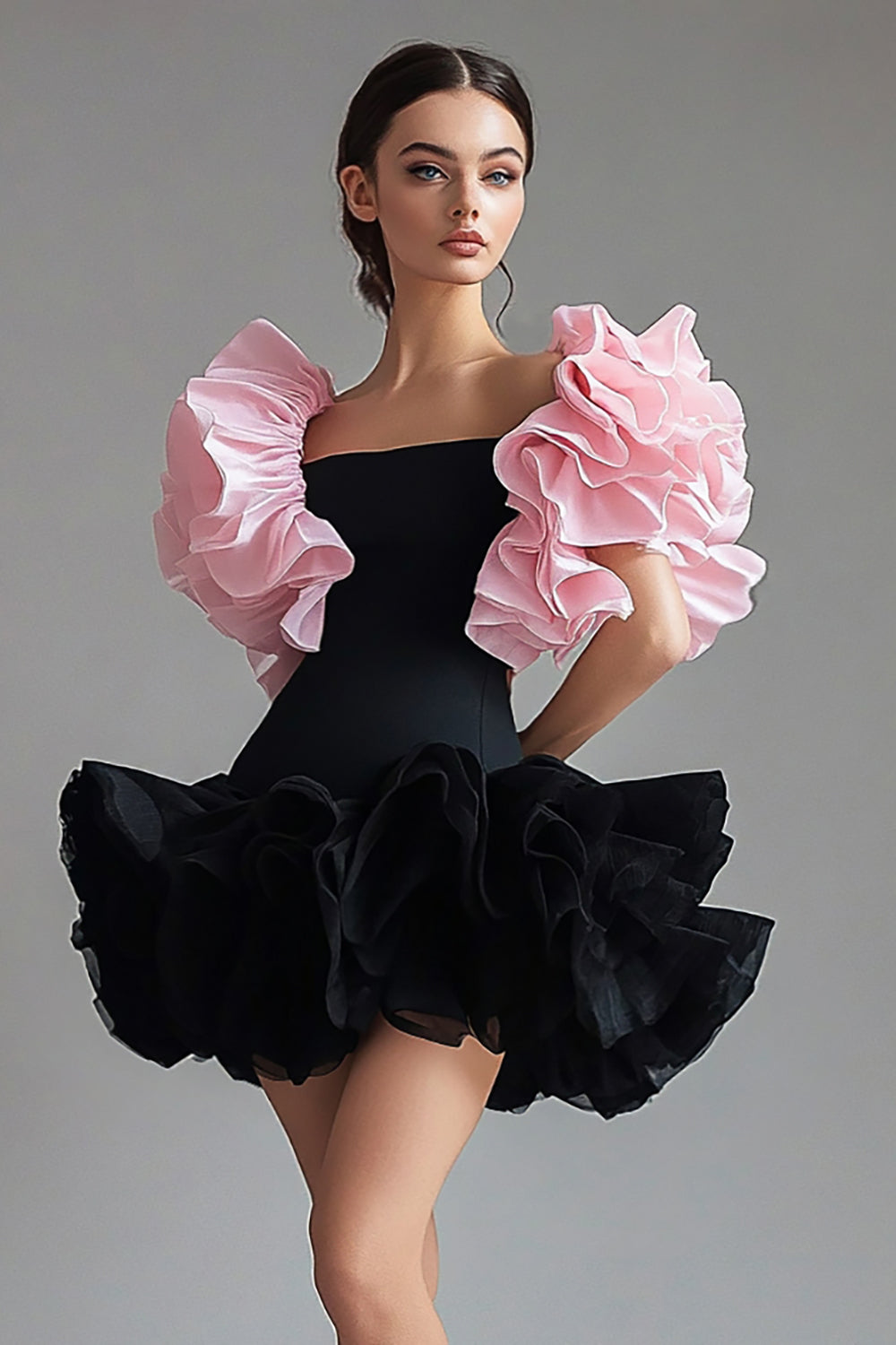 Leely Women Black Pink Ruffled Short Black Tie Dress Cap Sleeves Square Neck A Line Party Dress