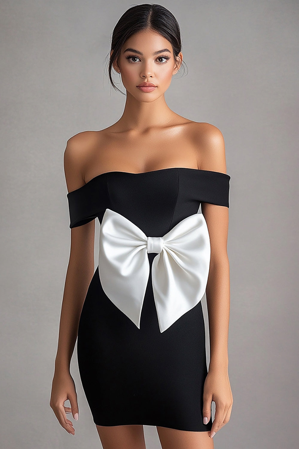 White Off the Shoulder Bodycon Short Black Tie Dress with Bow