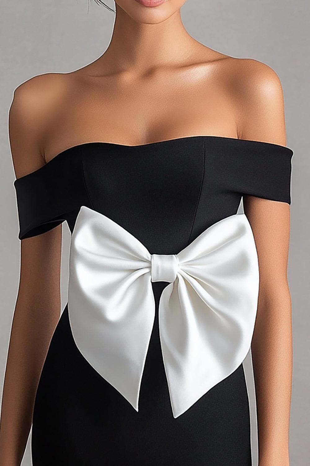 White Off the Shoulder Bodycon Short Black Tie Dress with Bow