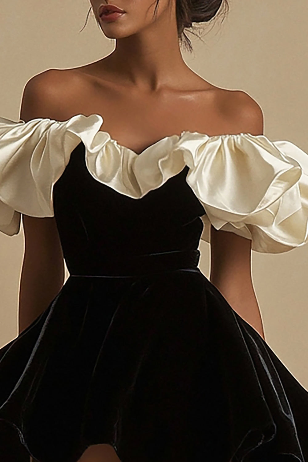 Ivory A Line Off the Shoulder Ruffled Short Black Tie Dress