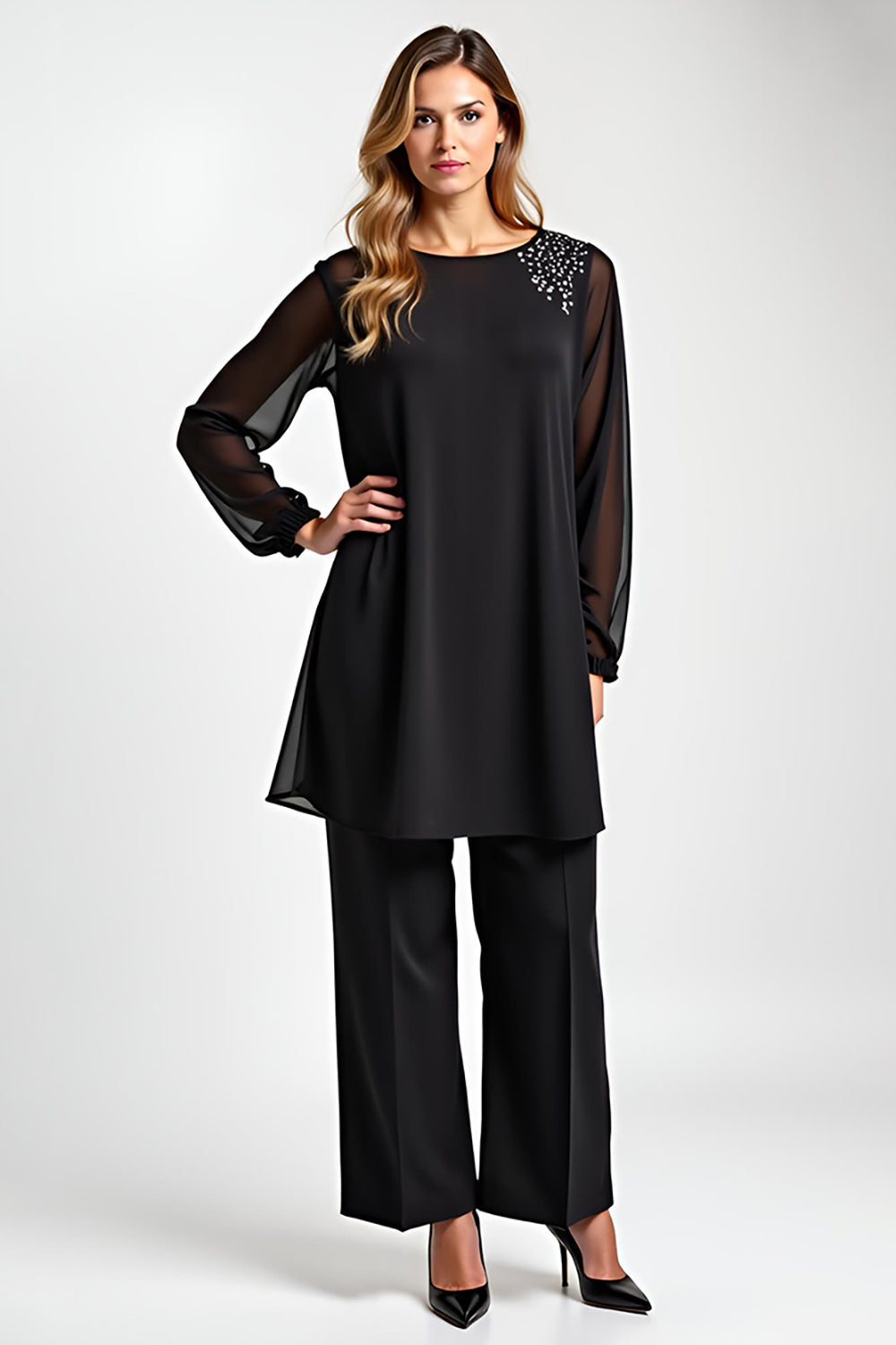 Leely Women Black 2 Piece Chiffon Mother of the Bride Pantsuit Long Sleeves Wedding Guest Pantsuit