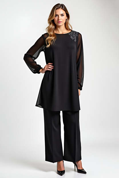 Leely Women Black 2 Piece Chiffon Mother of the Bride Pantsuit Long Sleeves Wedding Guest Pantsuit