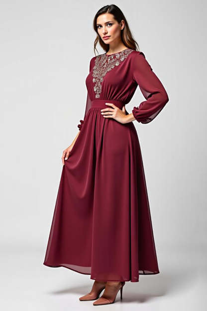 Leely Women Burgundy Long A Line Chiffon Mother of the Bride Dress Long Sleeves Scoop Neck Beaded Wedding Guest Dress