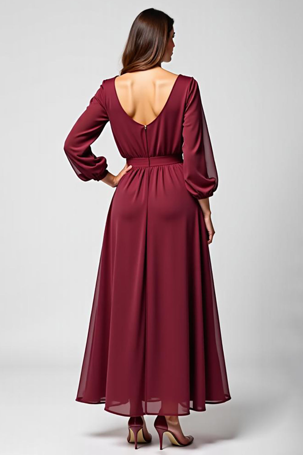 Burgundy Long Sleeves A Line Chiffon Mother of the Bride Dress
