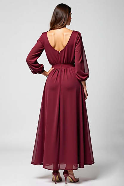 Burgundy Long Sleeves A Line Chiffon Mother of the Bride Dress