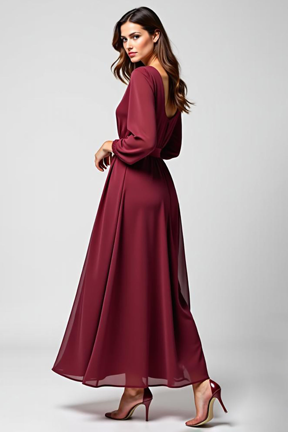 Burgundy Long Sleeves A Line Chiffon Mother of the Bride Dress