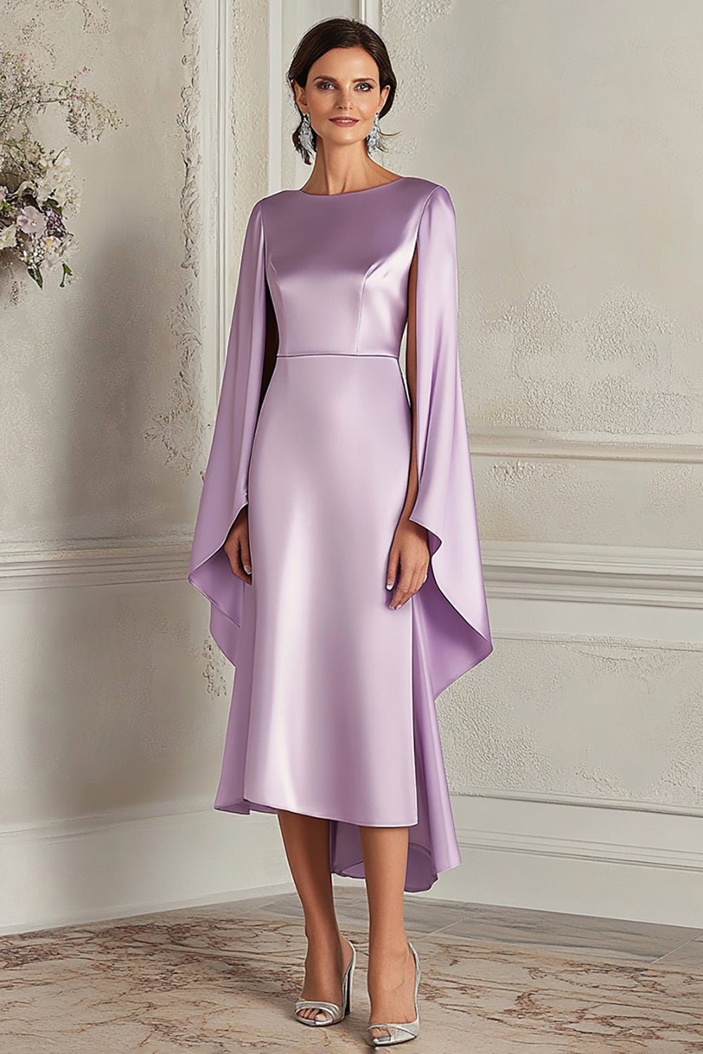 Lilac Scoop Sheath Tea-Length Formal Dress with Cape