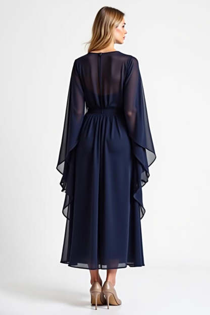 Navy Chiffon V Neck Long Mother of the Bride Dress with Ruffles