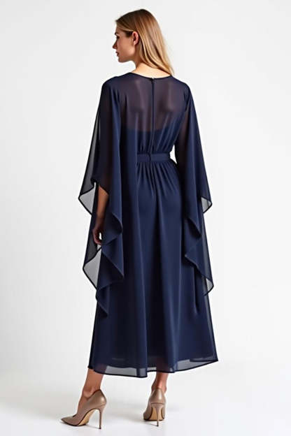 Navy Chiffon V Neck Long Mother of the Bride Dress with Ruffles