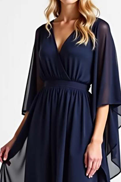 Navy Chiffon V Neck Long Mother of the Bride Dress with Ruffles